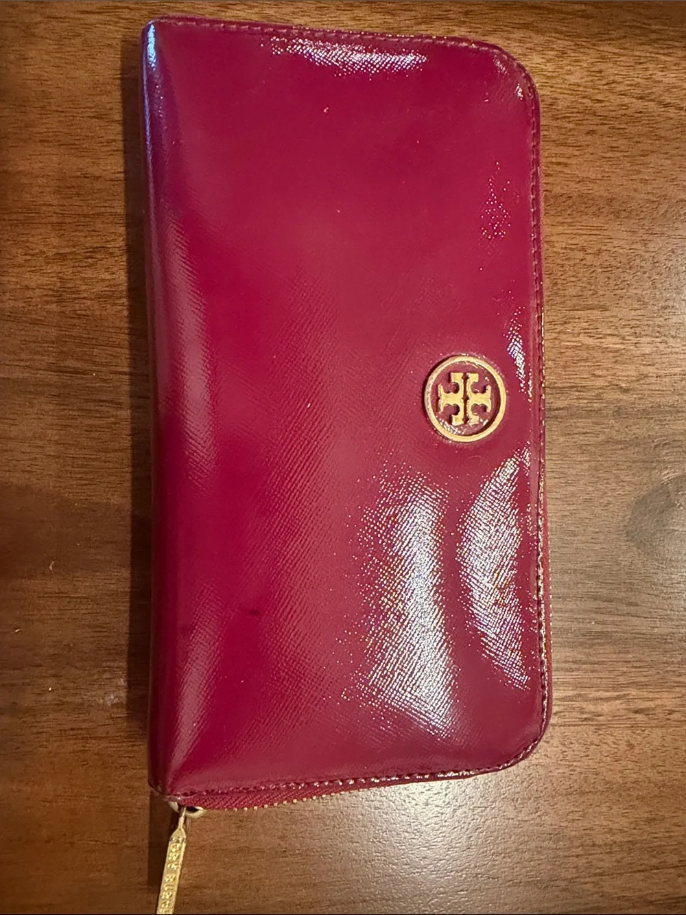Tory Burch Glossy Magenta Zip-Around Wallet with Gold Logo